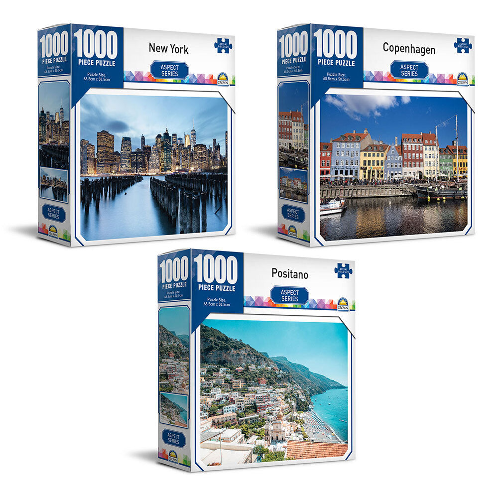 Crown 1000pc Crown Copenhagen/New York/Positano 68.5cm Jigsaw Puzzles Toys 8y+ Kids (3 Pack)