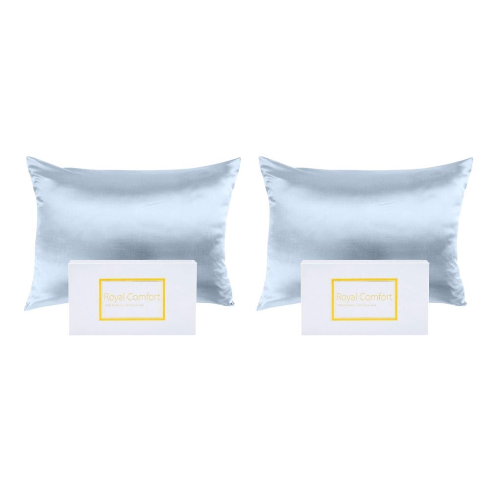 Royal Comfort Pure Silk Pillowcase Single Pack Protector 51x76cm Soft Blue (2 Pack)