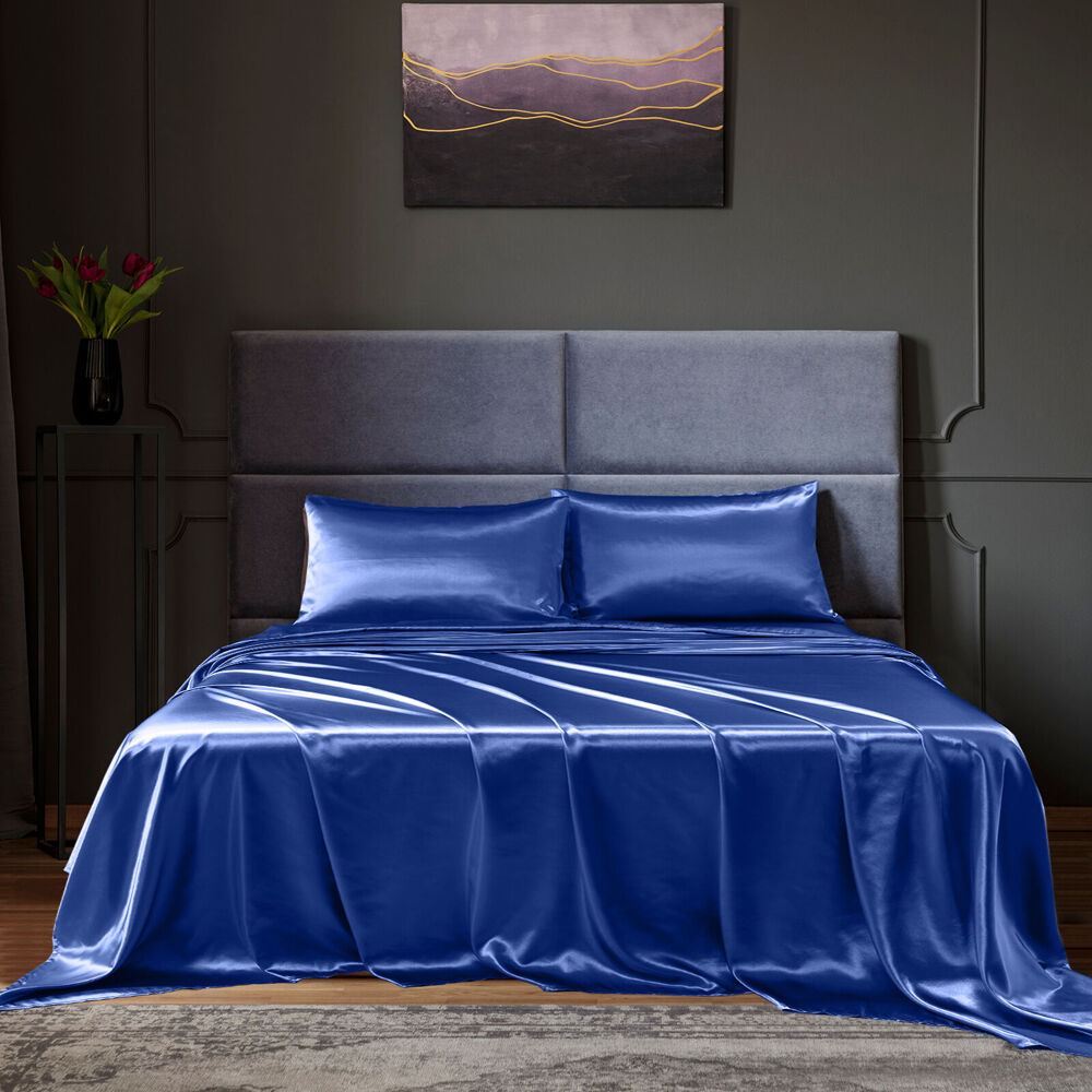 Royal Comfort Satin Sheet Set w/2x Pillowcases Navy Blue (4 Pieces) — image 5