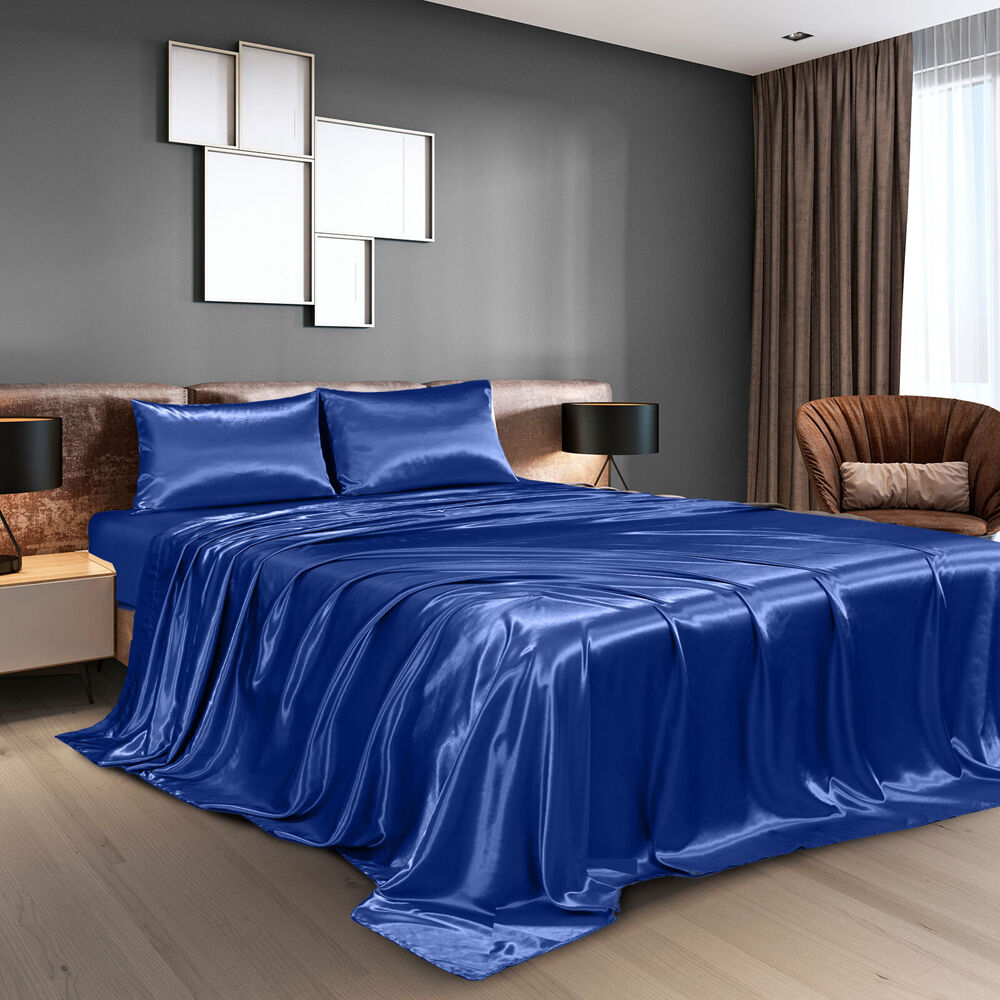 Royal Comfort Satin Sheet Set w/2x Pillowcases Navy Blue (4 Pieces) — image 3