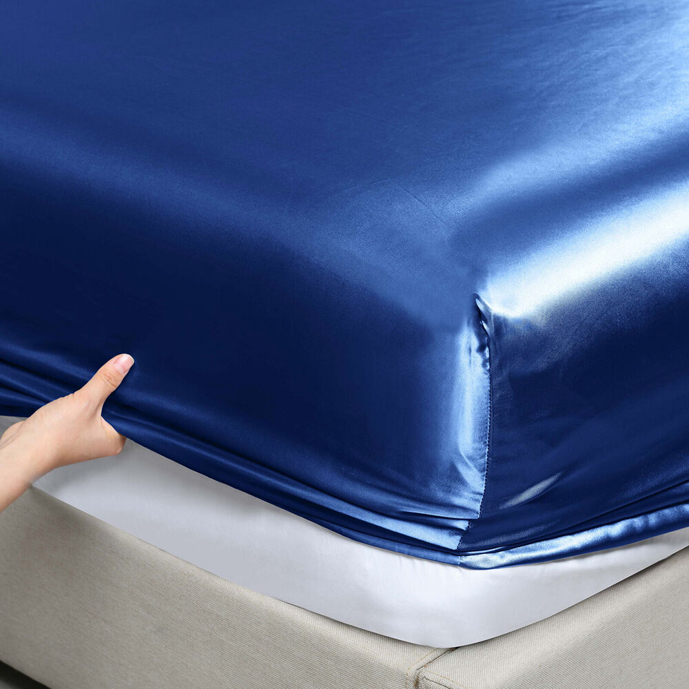 Royal Comfort Satin Sheet Set w/2x Pillowcases Navy Blue (4 Pieces) — image 9