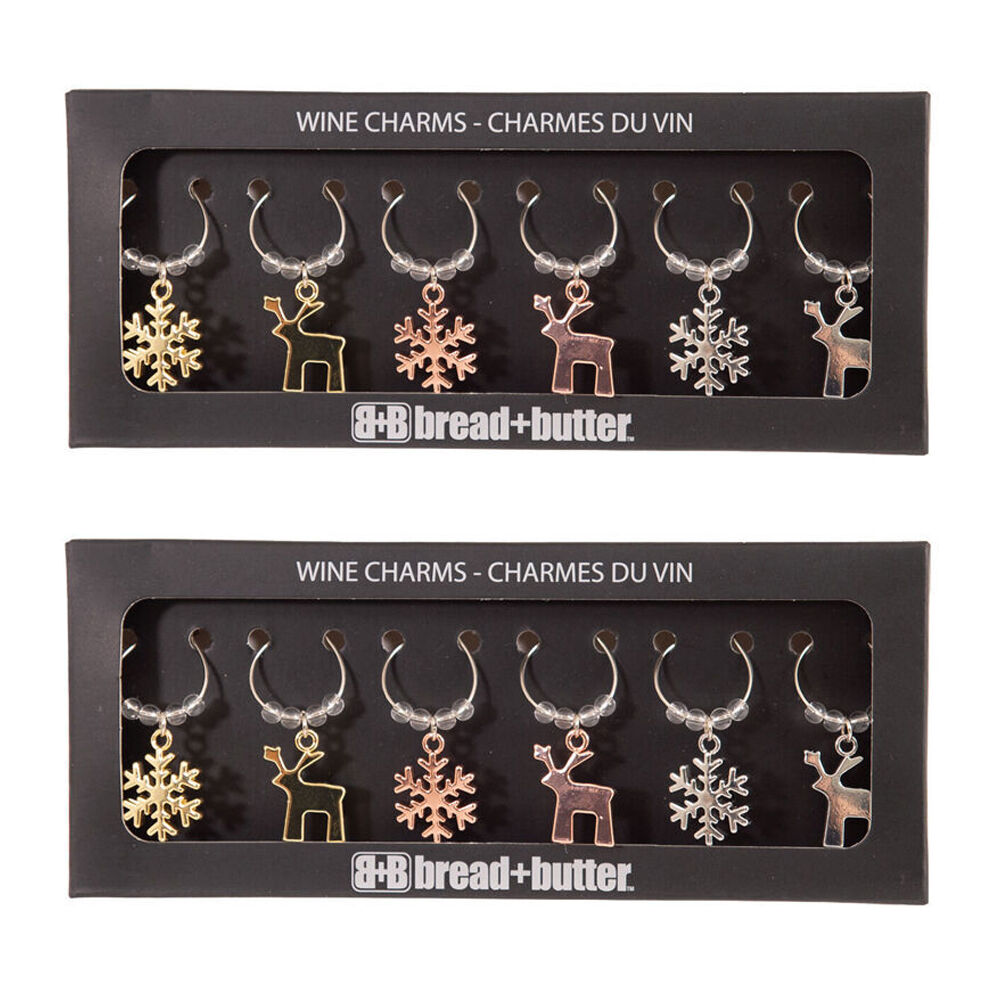 Bread and Butter 6pc Bread and Butter Alloy/Steel Snowflake/Reindeer Wine Glass Charms Set (2 Pack)