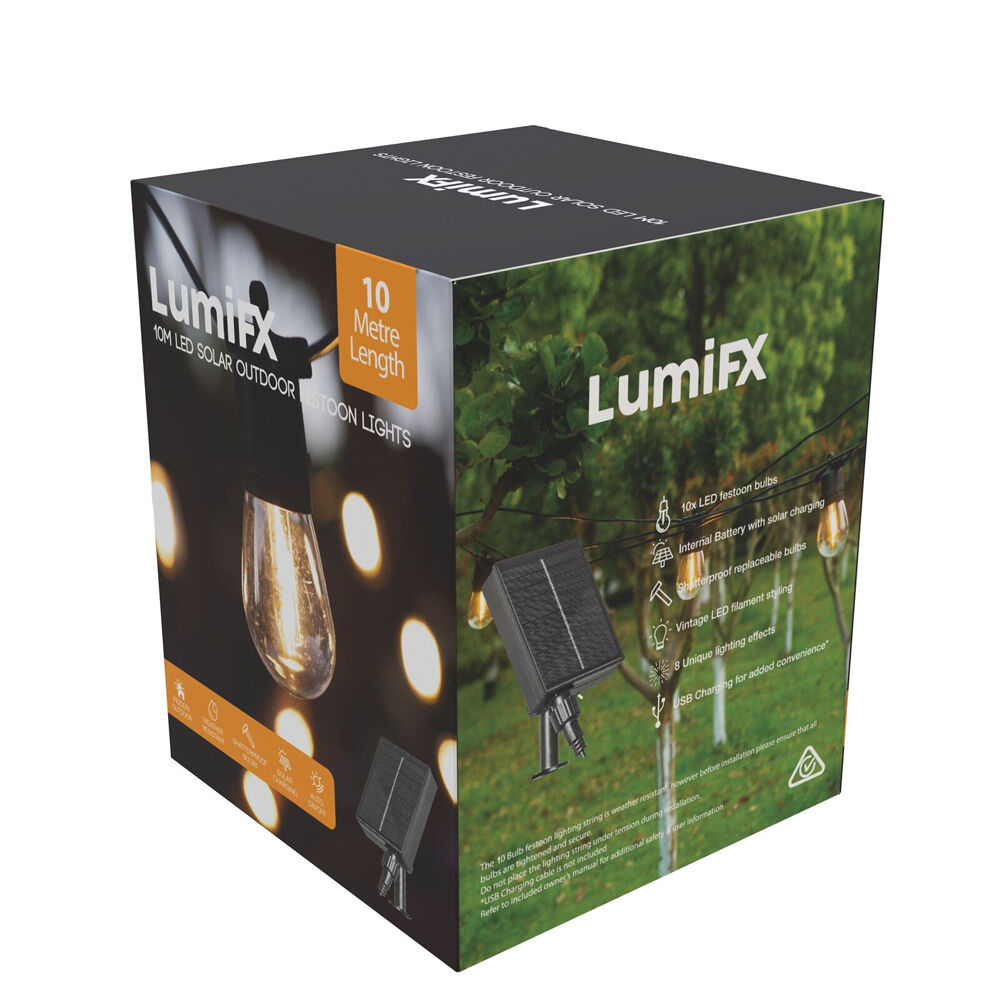 Lumifx 10m Warm White 10 Bulb Indoor/Outdoor Festoon Lights 8 Lighting Effects
