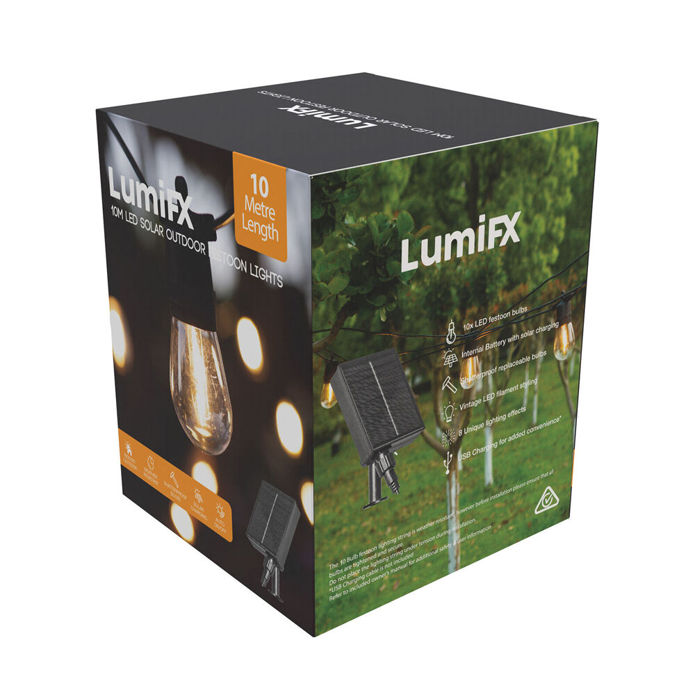 Lumifx 10m Warm White 10 Bulb Solar Powered Outdoor Festoon Lights
