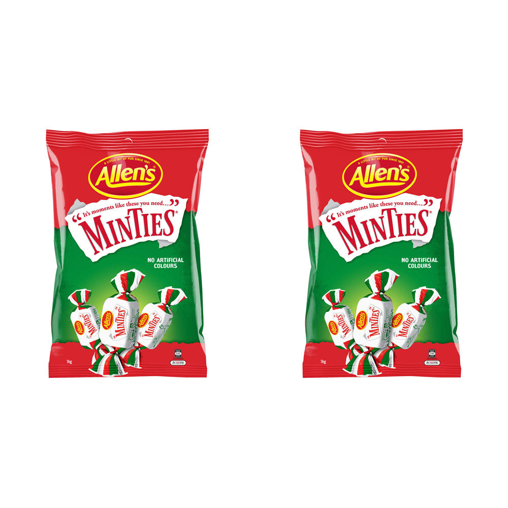 Allen's 1kg Minties Peppermint Flavoured Chew Candy/Lolly Confectionery Bag (2 Pack)