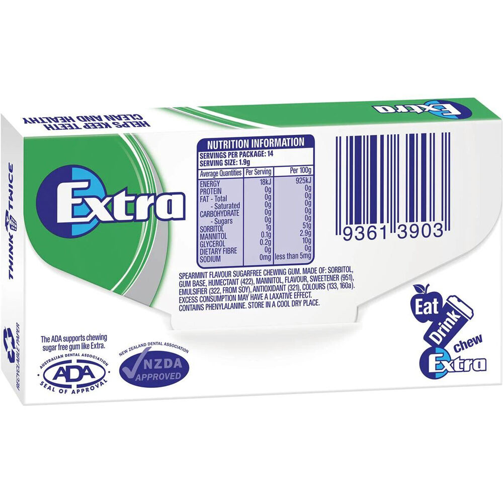 Wrigley's Extra Sugar-Free Chewing Breath Gum Packet 27g Spearmint (14 Pieces) — image 2