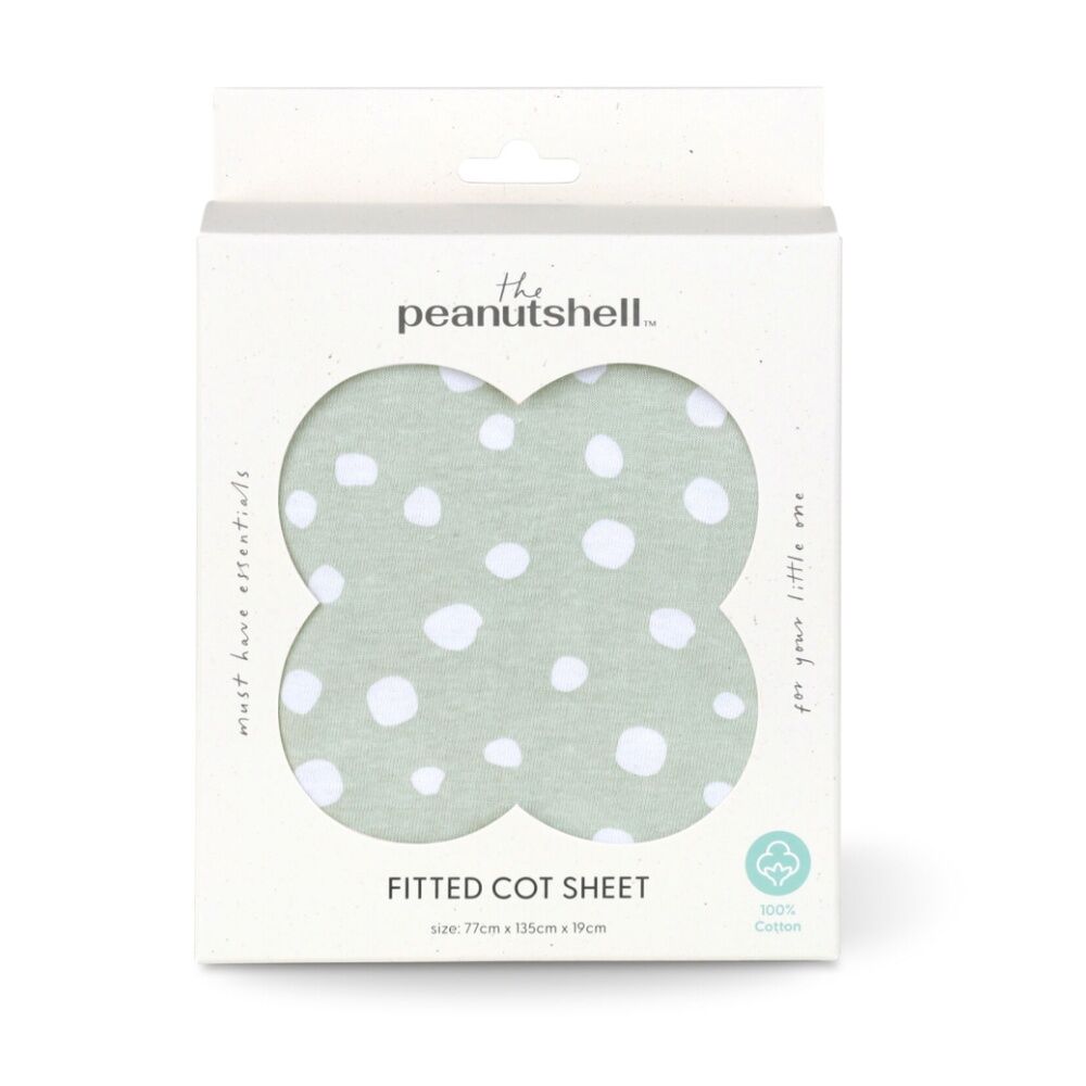 The Peanutshell 77x135cm The Peanutshell 100% Jersey Cotton Green Polka Dot Cot Fitted Sheet