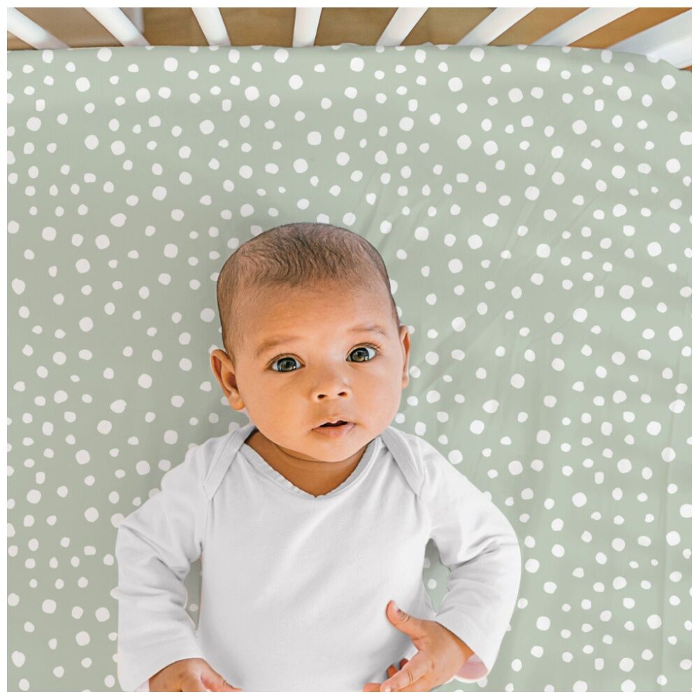 The Peanutshell 77x135cm The Peanutshell 100% Jersey Cotton Green Polka Dot Cot Fitted Sheet — image 3