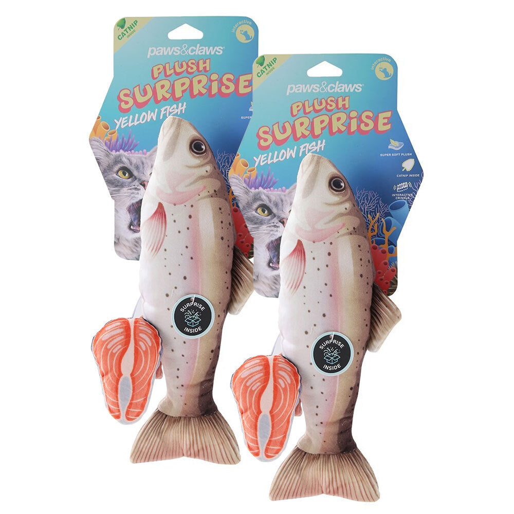 Paws and Claws Paws & Claws Plush Fish Surprise Pet Interactive Toy 30cm w/ Catnip Yellow (2 Pack)