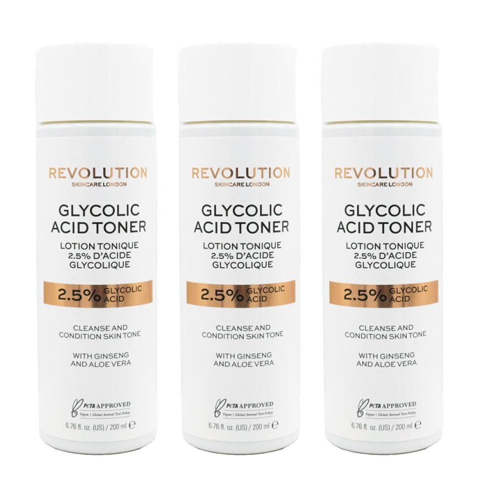 Revolution 2.5% Glycolic Acid Brightening Toner Face Skin Care 200ml (3 Pack)
