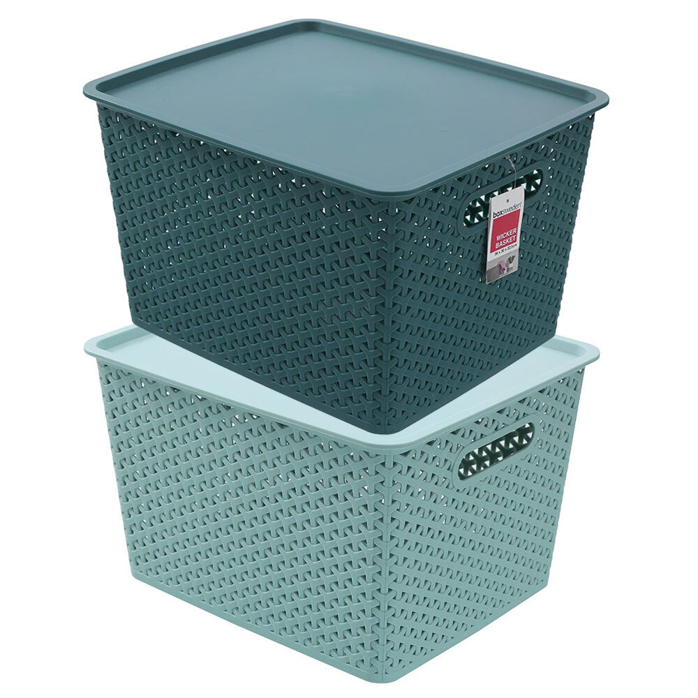 Boxsweden Assorted Wicker Woven Basket w/ Lid 36cm Organiser Storage Large (2 Pack)