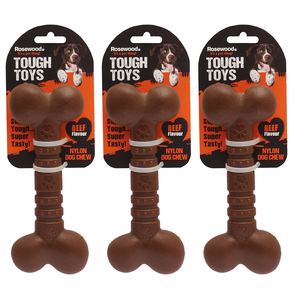 Rosewood 12cm Tough Toys Nylon Beef-Flavoured Dog Bone Pet Chew Toy Small (3 Pack)
