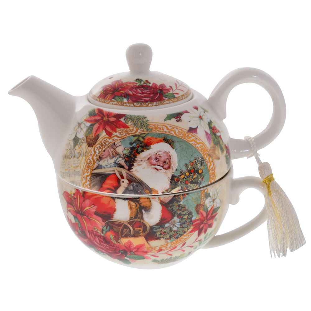 Gibson Gifts Vintage Santa Christmas Bone China Tea Set For One w/ Teapot & Cup — image 2