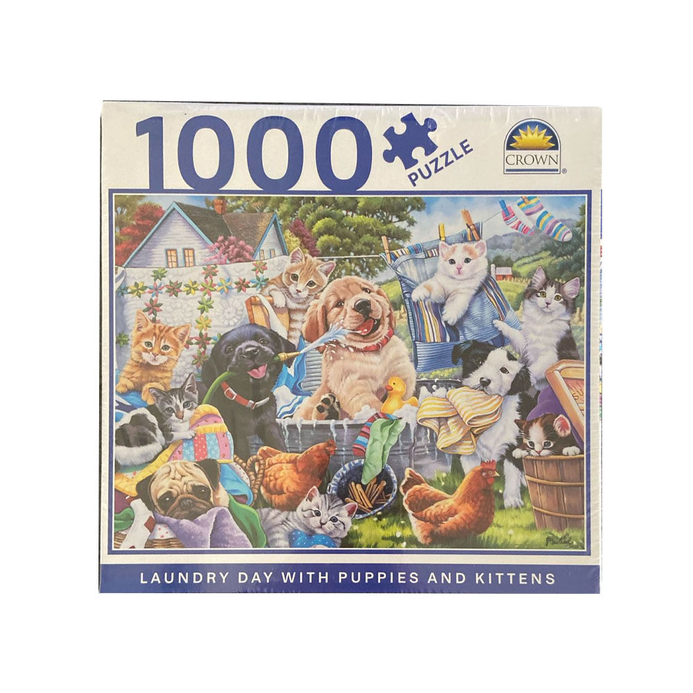 20621-1000pc-crown-jigsaw-puzzle-laundry-day-w-puppies-kittens-kids-8y