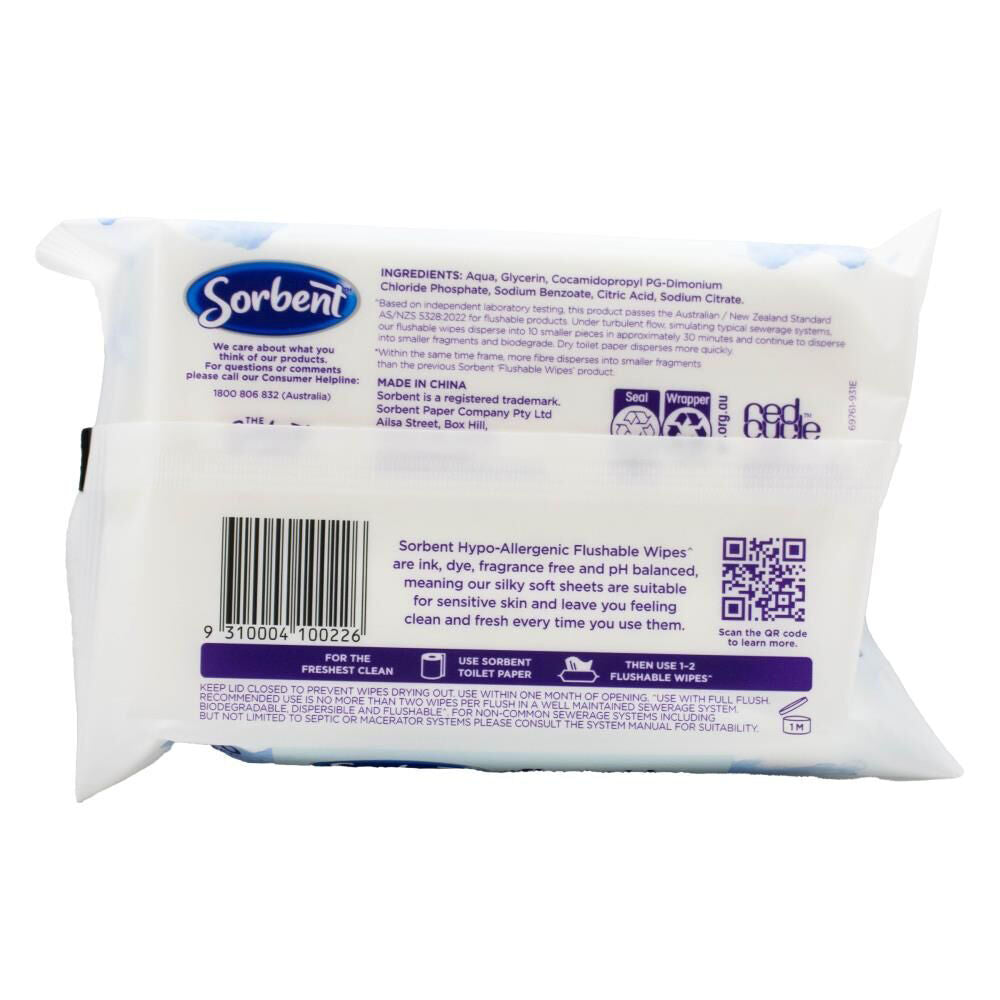 Sorbent Flushable Wipes Hypo Allergenic 19.5x15cm Non-Scented Disposable (40 Pieces) — image 2