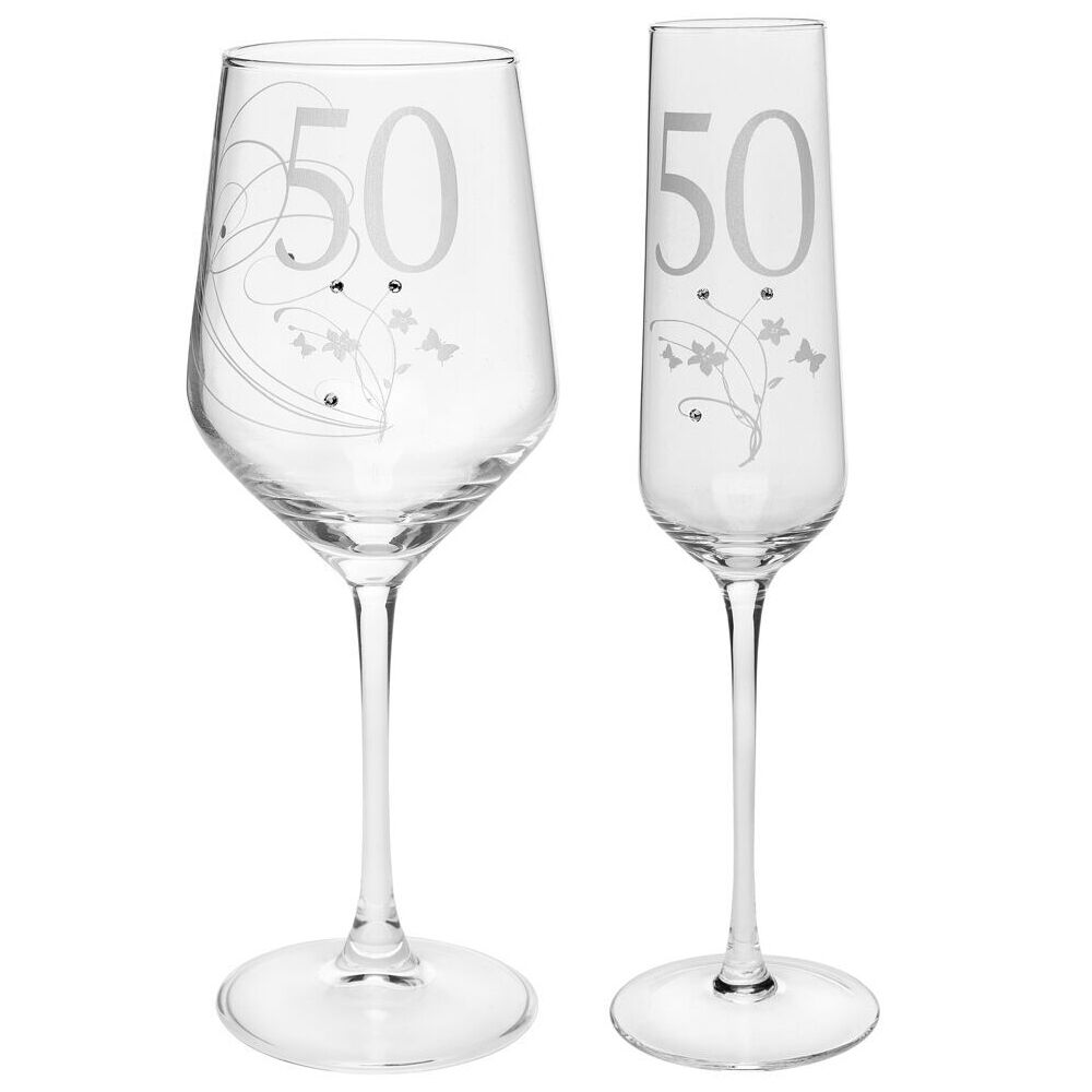 Gibson Gifts 50 Birthday Combo Set Clear Crystal Wine Champagne Glass Drinkware