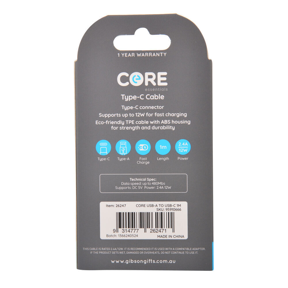 Core USB-A to USB-C Cable Charging Cord 1m For Samsung Galaxy iPhone White (2 Pack)