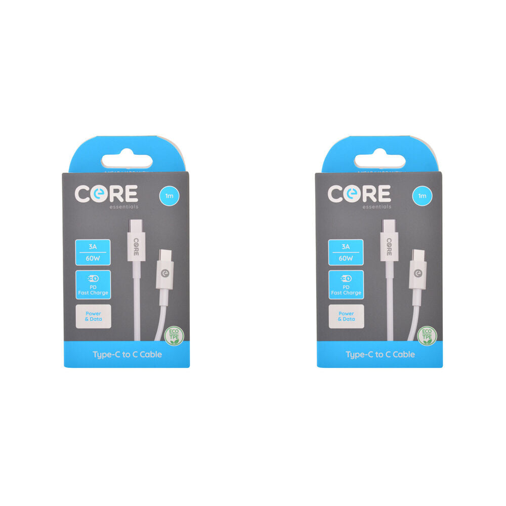 Core USB-C to Type-C Cable Phone Charging Cord 1m For Samsung iPhone White (2 Pack)