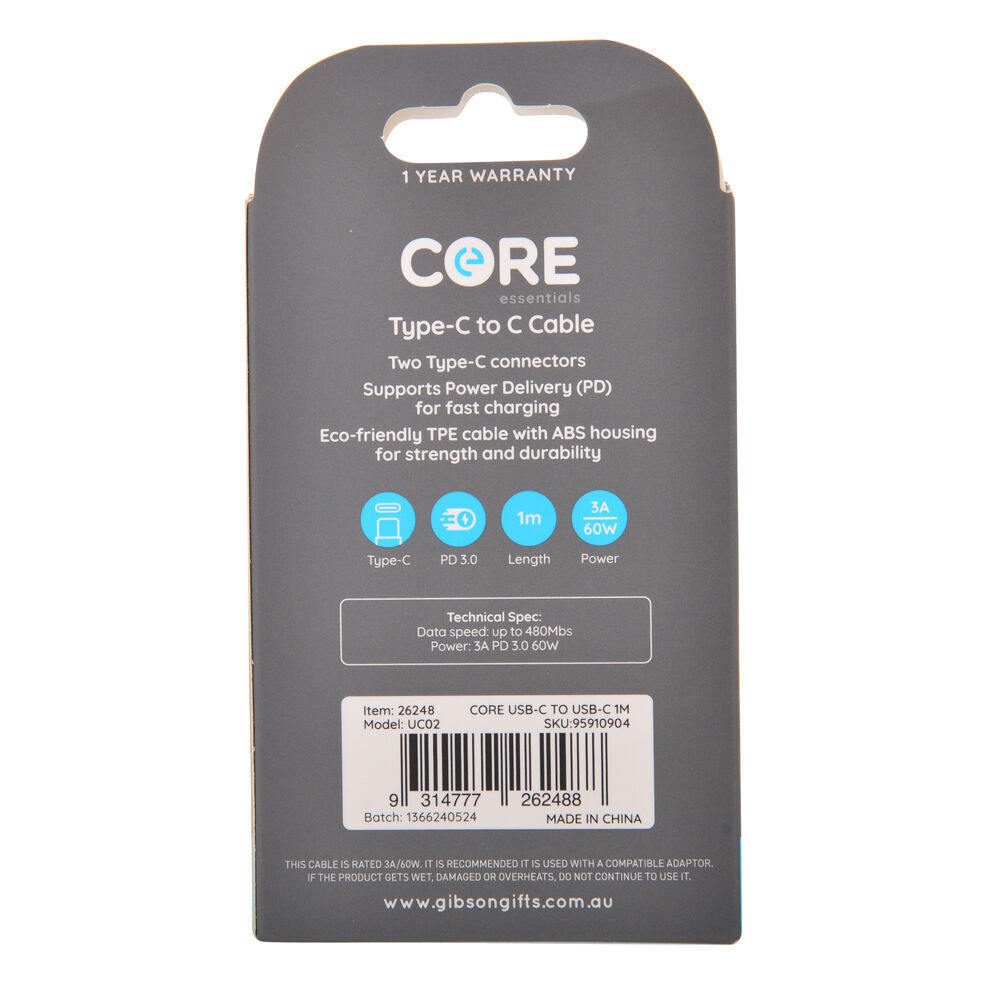 Core USB-C to Type-C Cable Phone Charging Cord 1m For Samsung iPhone White (3 Pack) — image 2
