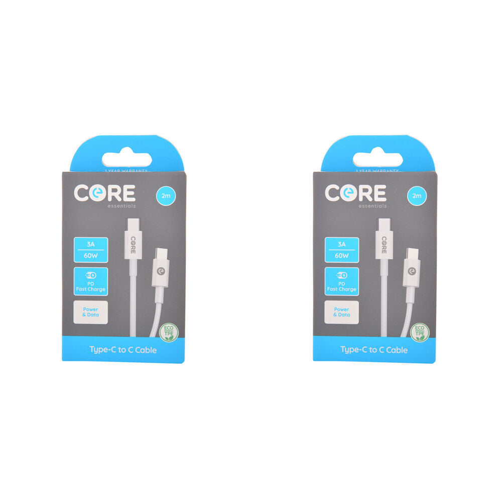 Core USB-C to Type-C Cable Phone Charging Cord 2m For Samsung iPhone White (2 Pack)