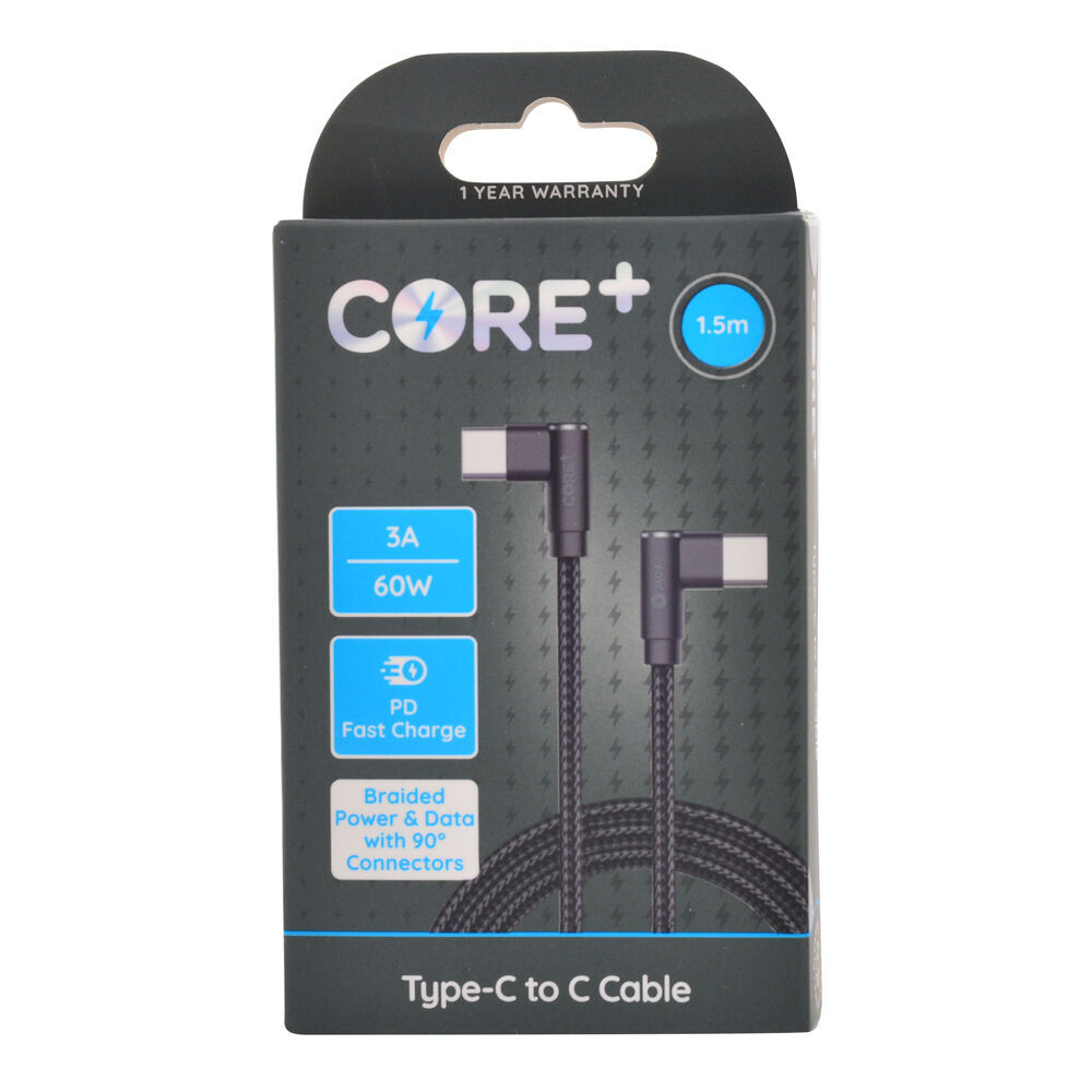 Core 90-Degrees Type-C Charging Cable Data Cord Connector 60W/1.5m Black (2 Pack) — image 2