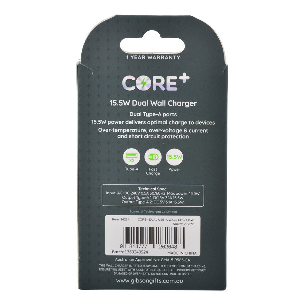Core Type-A Dual Port Wall Charger Fast-Charge Phone Adapter 15.5W White (2 Pack)