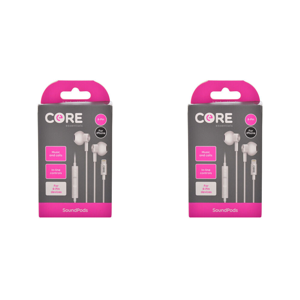 Core Essentials 8-Pin SoundPods/Earphones In-Ear Wired w/ Built-In Mic White (2 Pack)