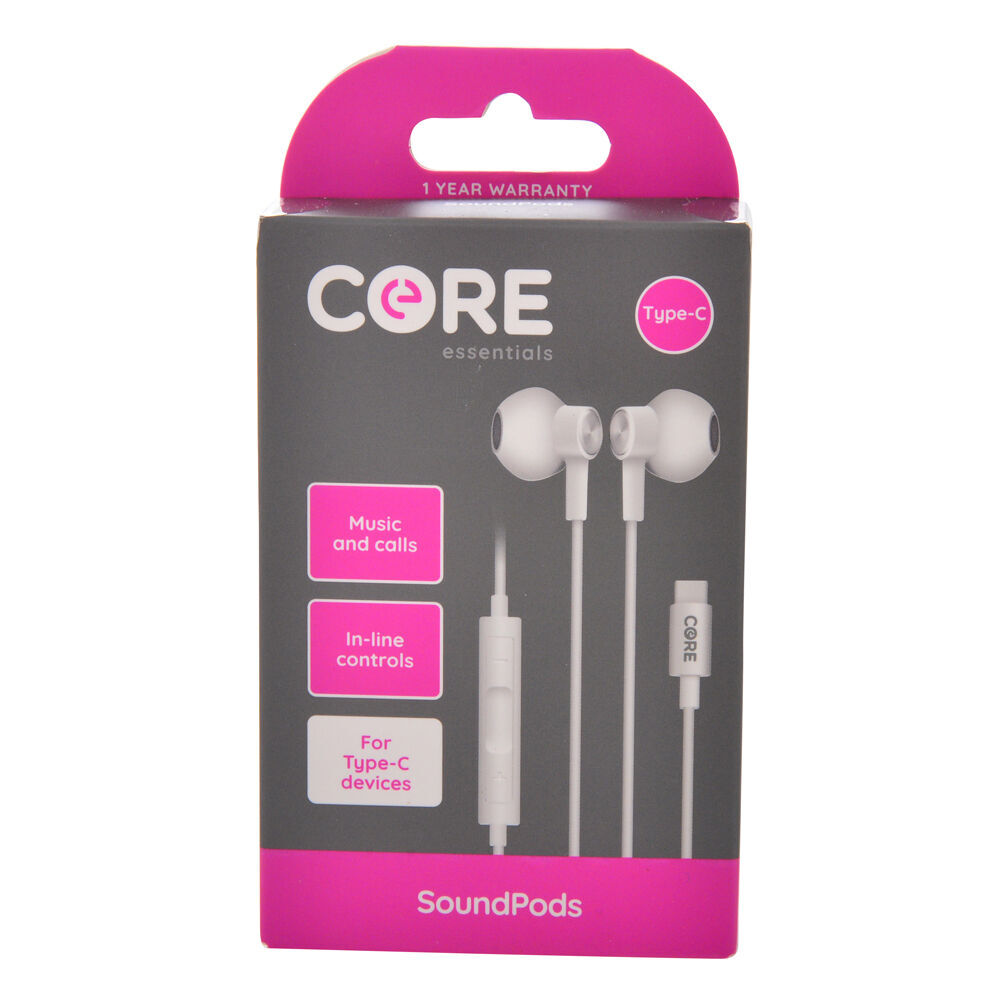Core Essentials USB-C Soundpods/Earphones Music/Calls Wired w/ Mic White (2 Pack)