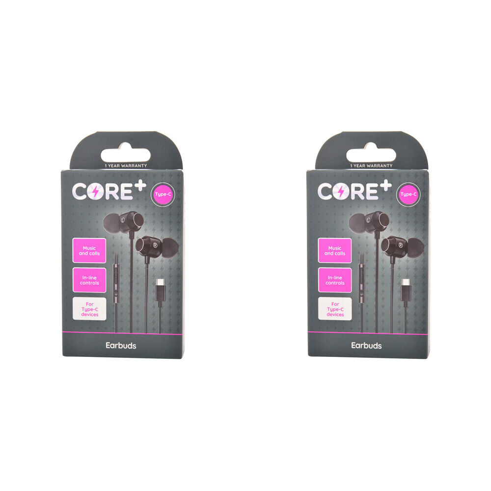 Core Type-C In-Ear Earphones/Earbuds Music/Calls Wired w/ Mic 1.2m Black (2 Pack)