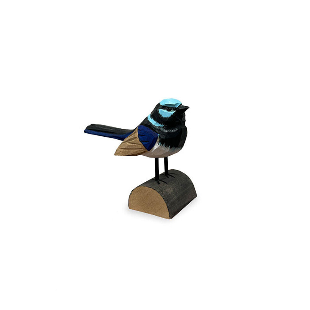 A.Fresco Carved Timber Fairy Wren Wooden Bird Figurine 9.5x6.5cm (2 Pack) — image 2