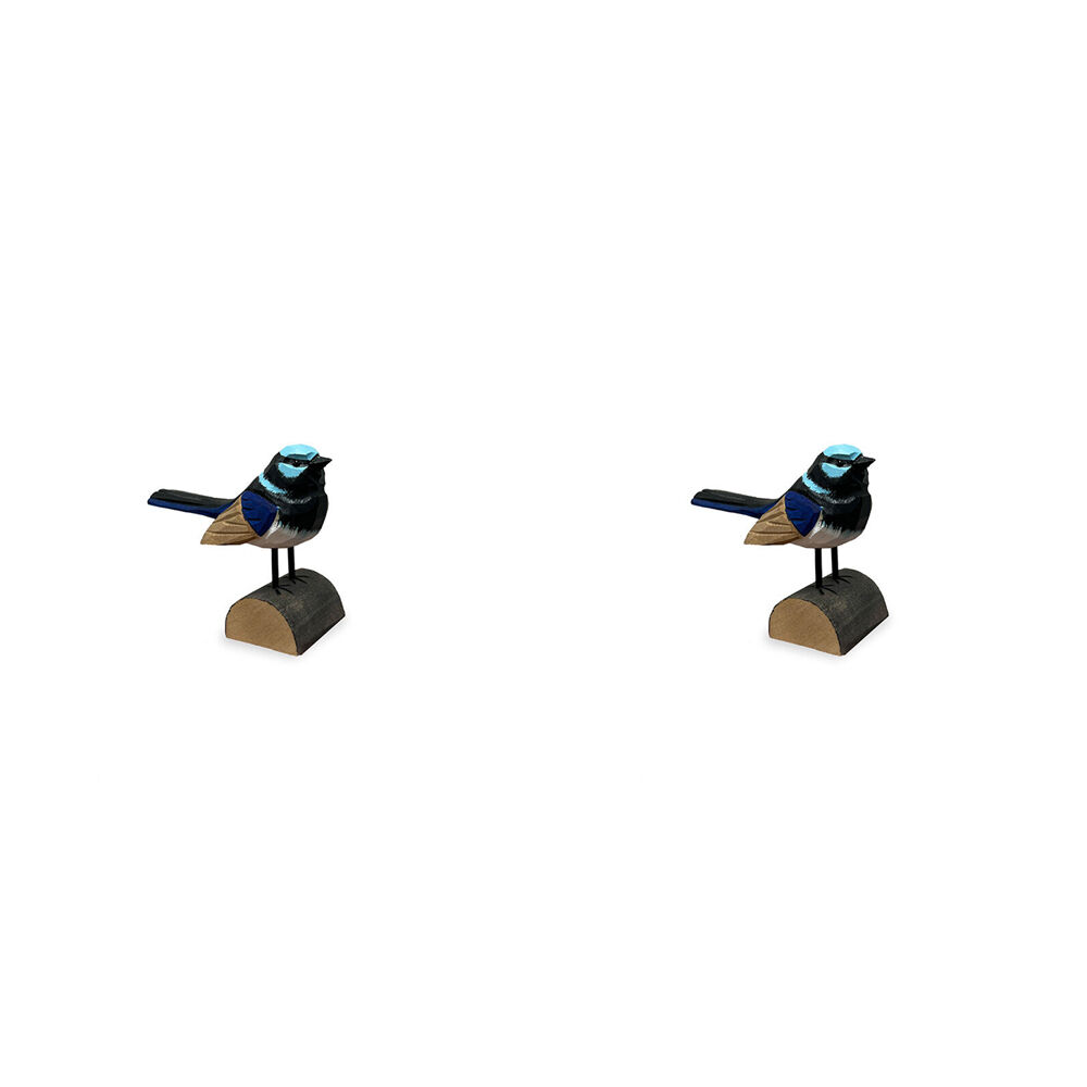 A.Fresco Carved Timber Fairy Wren Wooden Bird Figurine 9.5x6.5cm (2 Pack)