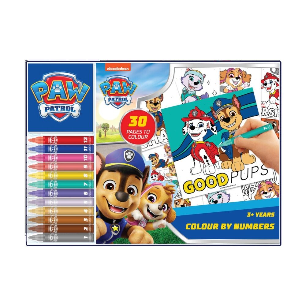 Paw Patrol 30 Colouring Pages 3y+ Colour by Numbers Kids Art Kit w/12 Markers