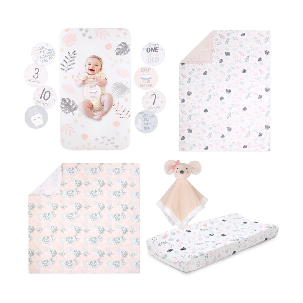 Little Haven Botanical Leaf Girl Themed Baby Cot Bedding Bundle Pink (6 Pieces)