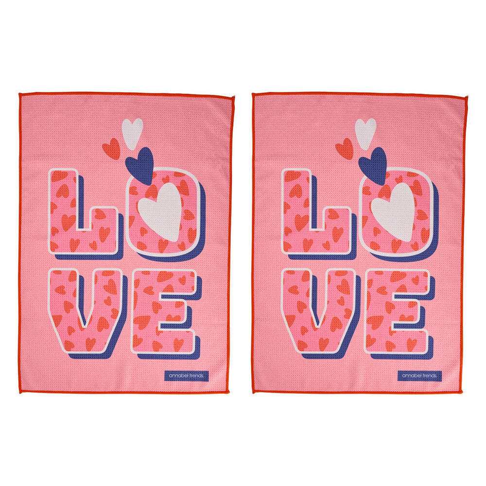 Annabel Trends Waffle Microfibre Tea Towel Rectangular 50x70cm Love (2 Pack)