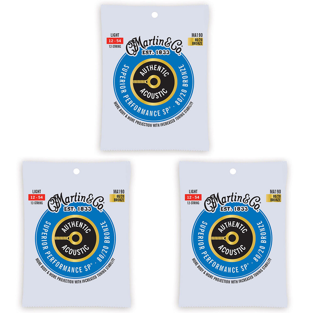 Martin Guitar Authentic Instrument 12 Strings 80/20 Bronze MA190 Light Gauge (3 Pack)