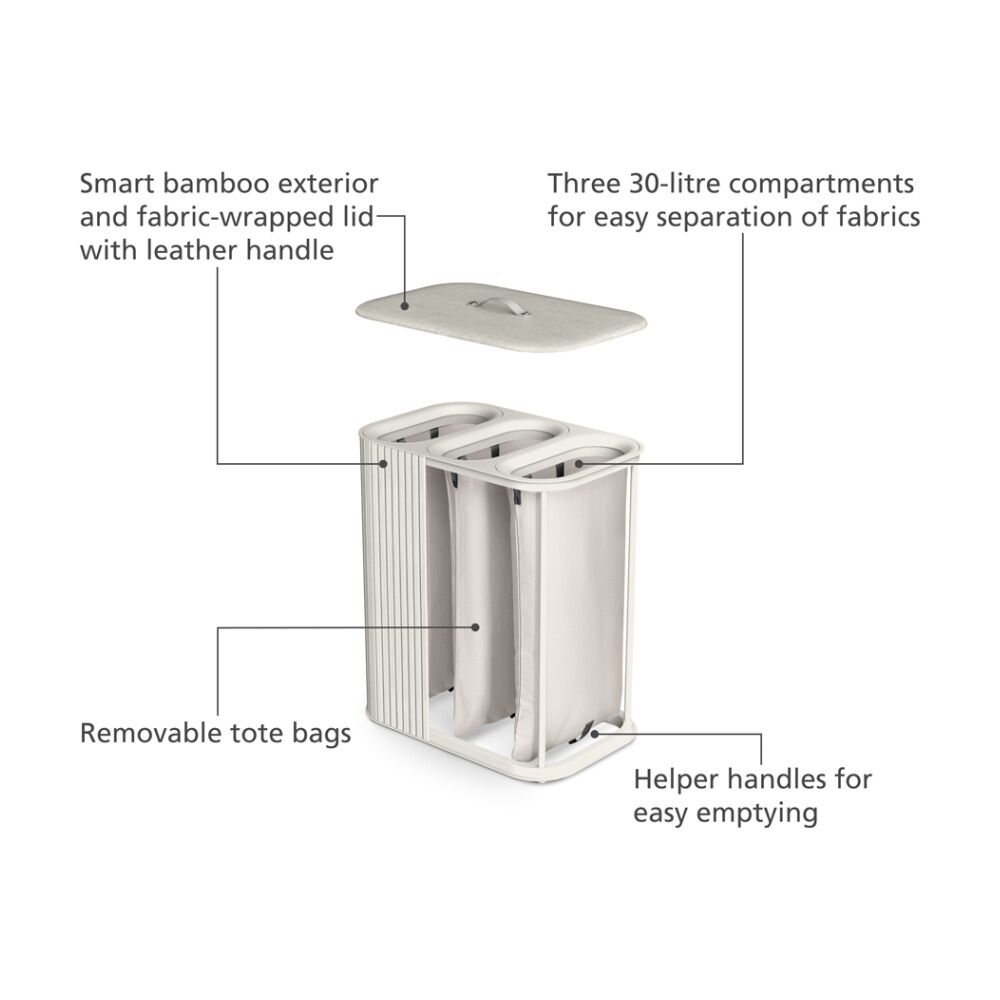 Joseph Joseph 90L Laundry Basket 3 Compartments With Drop-In Handles Bamboo Ecru — image 7