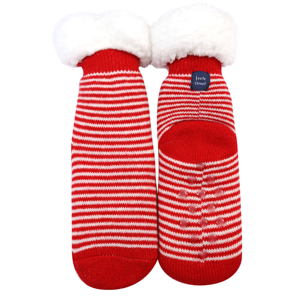 Foote Street Slipper Socks Red & White Knit For Kids Warm Cozy - 3Y+