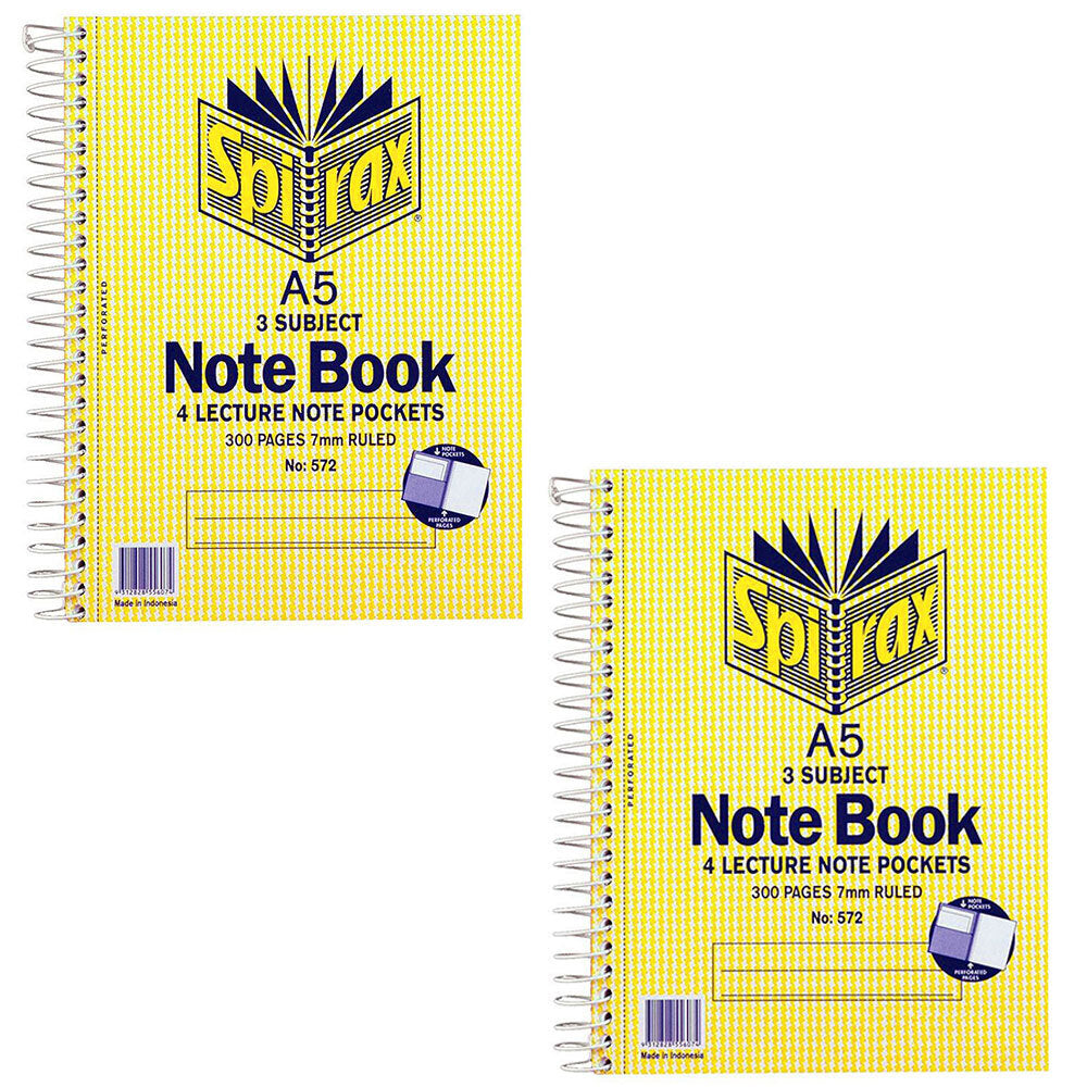 Spirax No.572 A5 3 Subject School/Uni 300 Pages Notebook 21cm w/ Note Pockets (2 Pack)