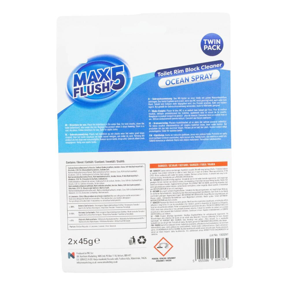 Max Flush 5 2pc Max Flush 5 Toilet Rim Block Cleaner 45g Ocean Spray Antibacterial (12 Pack) — image 3