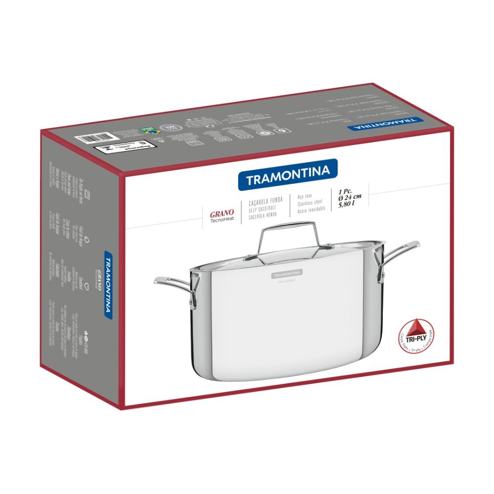 Tramontina 24cm/5.8L Deep Casserole Pan Tri-Ply Stainless Steel Induction Safe — image 2