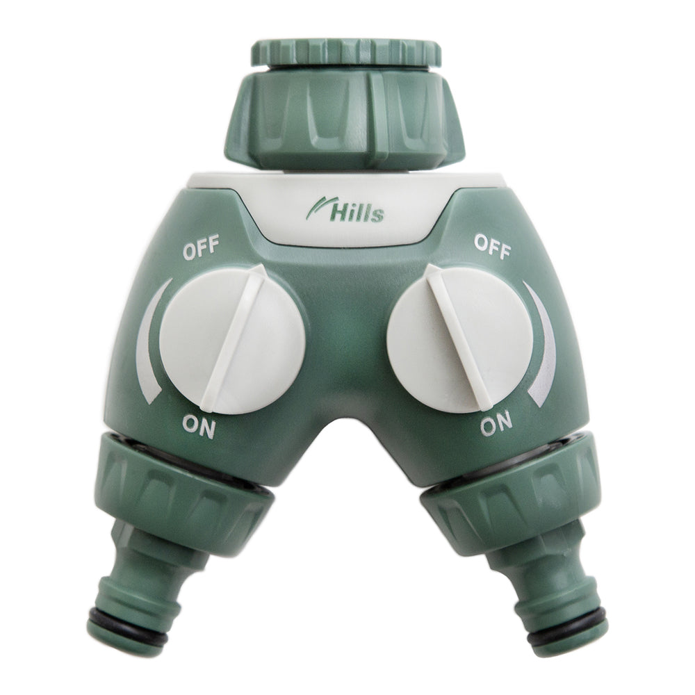 100886-hills-two-way-hose-tap-adaptor-manifold-green-grey