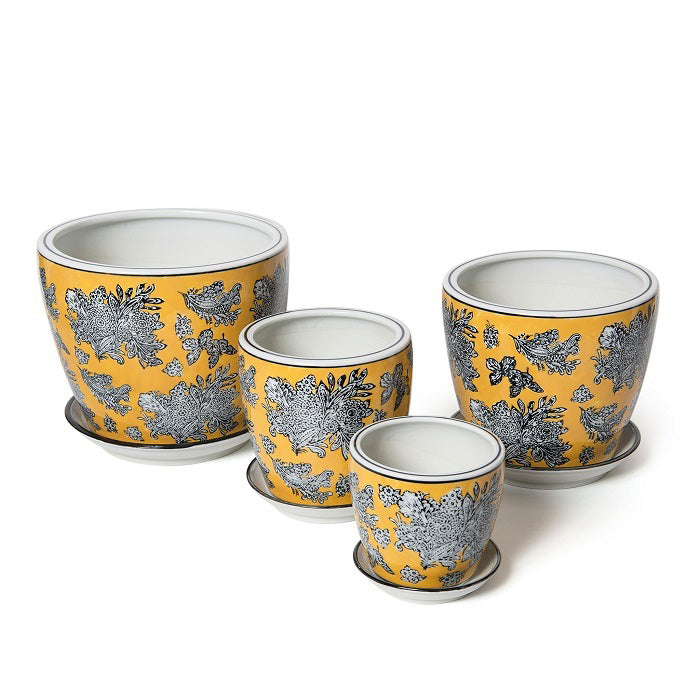 11138-4pc-ceramic-tall-pot-planter-w-saucer-garden-decor-yellow-black