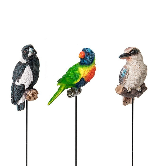 16430-aussie-bird-on-stick-12cm-polyresin-garden-decor-assorted