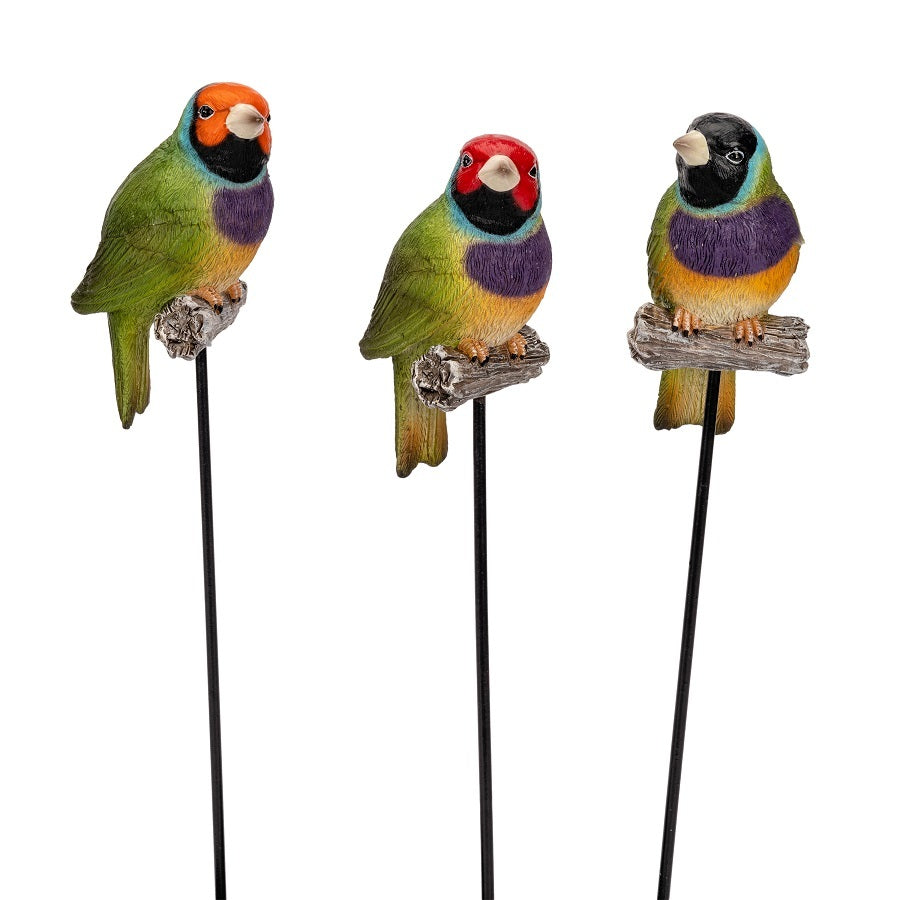 19264-gouldian-finch-on-stick-12cm-ornament-outdoor-decor-large-assorted