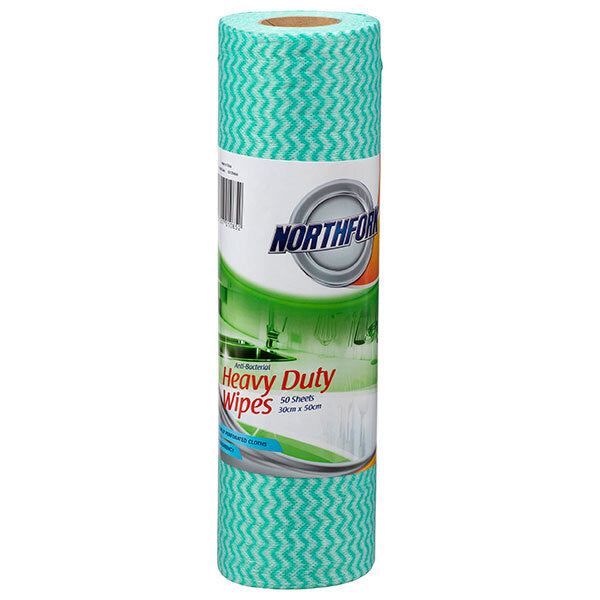 631254640-50pc-northfork-heavy-duty-antibacterial-wipes-roll-green