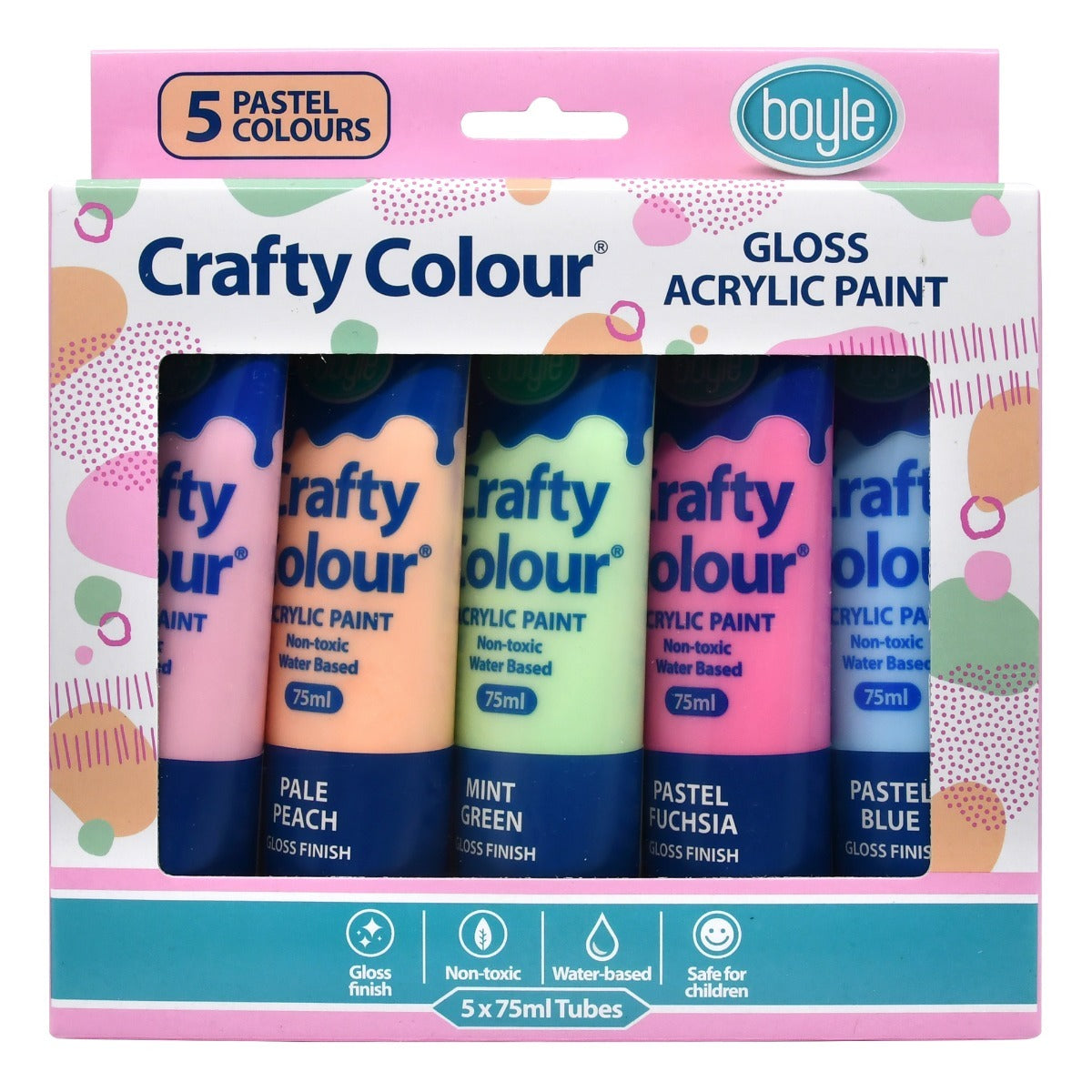 5PK Crafty Colour 75ml Acrylic Paint Gloss - Pastel