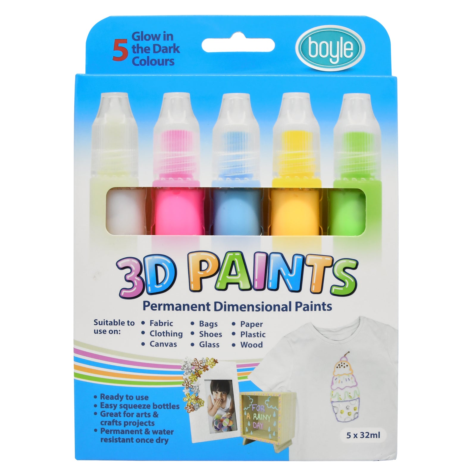 5PK Boyle 3D Paints Arts/Craft Pens - Glow In The Dark