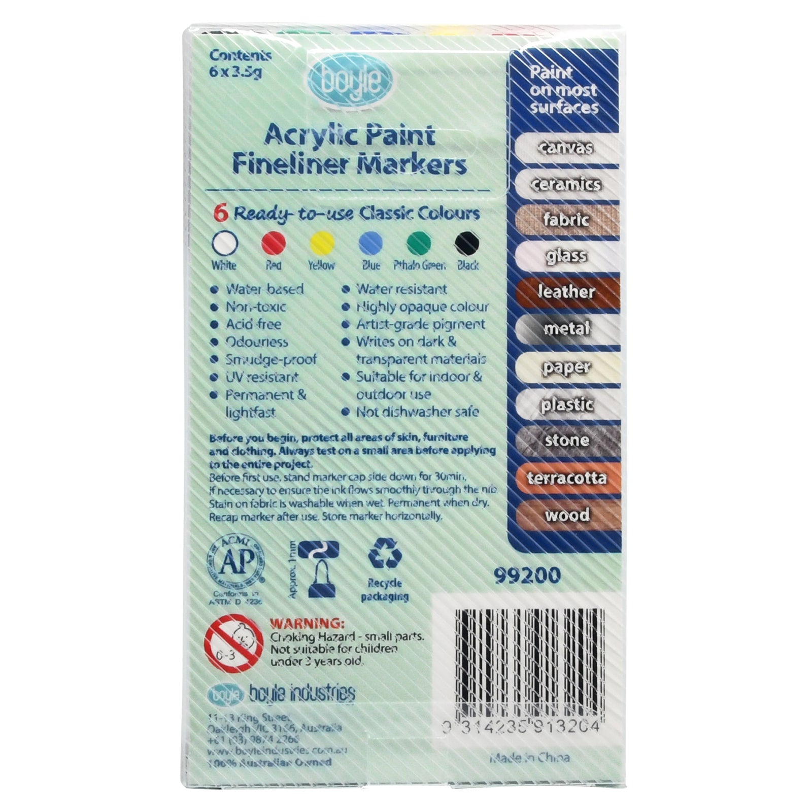 6pc Boyle Acrylic Paint Fineliner Markers - Classic Colours