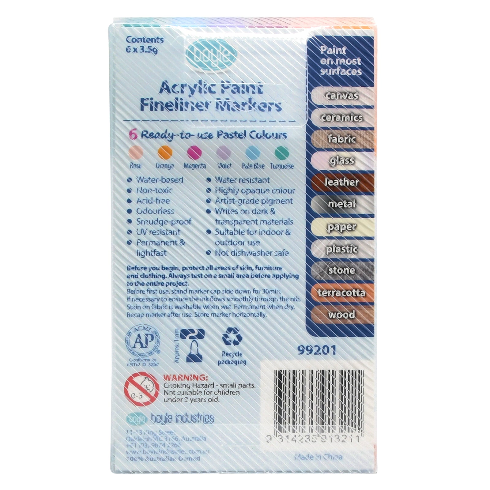 6pc Boyle Acrylic Paint Fineliner Markers - Pastel Colours