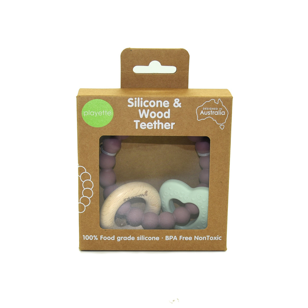 1501010-playette-silicone-and-wood-baby-infant-heart-teether-mint-4m